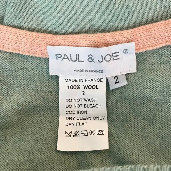Paul & Joe Light Weight 100% Wool Boat Neck Sweater Green & Peach Size 2 - Picture 6 of 7